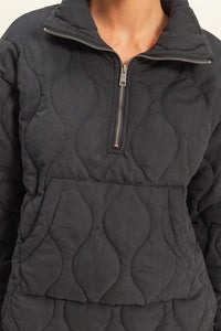Black Quilted Half Zip High Neck Pullover
