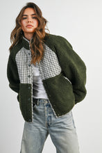 Olive Multi Quilted Plaid Sherpa Fleece Snap Jacket