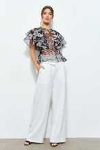 Black Sheer Floral Stripe Print Ruffle Blouse