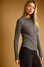 Charcoal Half Snap Button Waffle Fabric Long Sleeve Top