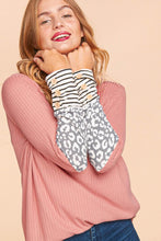 Mauve/Grey/Ivory Rib Leopard Print Stripe Color Block Knit Top