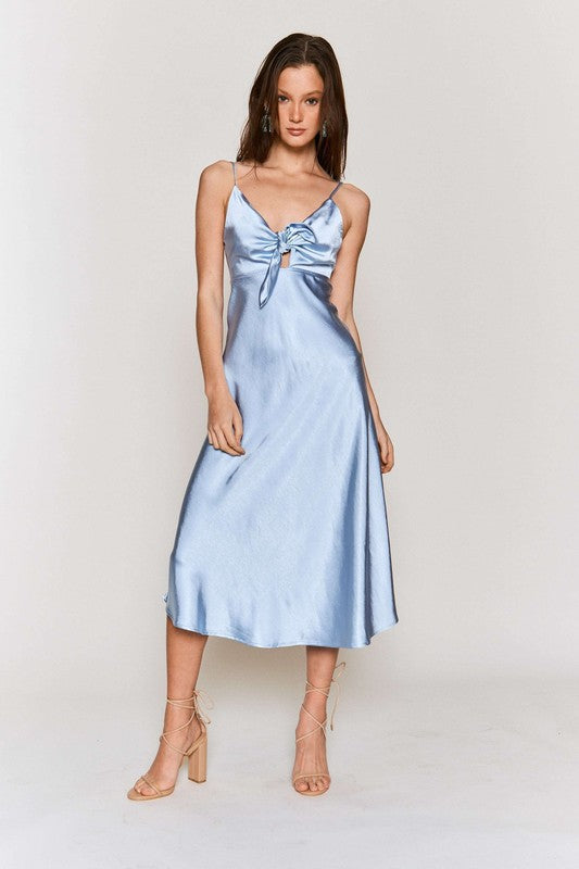 Sky Blue Satin Tie Bust Spaghetti Strap Midi Dress