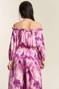 Fuchsia Combo Combo Offshoulder Tiedye Satin Jumpsuit