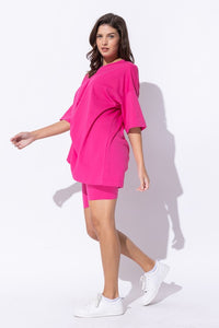 Fuchsia Knit Oversize Tee Shirt An Shorts Casual Biker Set