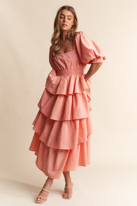 Salmon Square Neckline Ruffle Tiered Maxi Dress