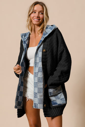 Black/Denim Washed Checker Denim Zip Up Sweater Cardigan
