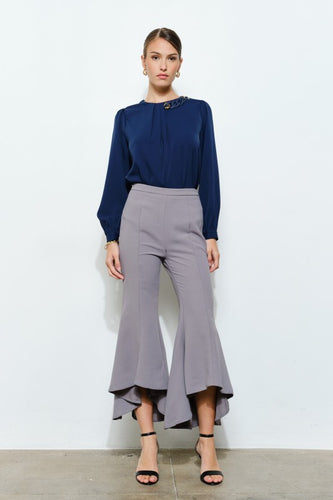 Grey Draped Ruffle High-low Flare Pants