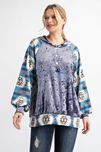 Blue/Teal Plus Size Velvet Tribal Contrast Hoodie