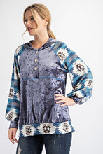 Blue/Teal Plus Size Velvet Tribal Contrast Hoodie