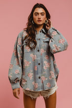 Floral Print Washed Denim Shacket With Side Pocket