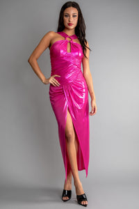Fuchsia Women Shiny O-Ring Trim Keyhole Long Dress