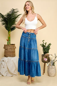 Front Button 3 tiered Denim Skirt