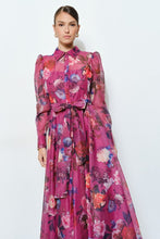 Berry Floral Organza Puff Sleeve Belted Shirt Dress
