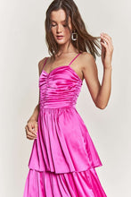Fuchsia Satin Ruched Multi Layer Maxi Dress
