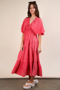 Tomato Mineral Washed Elastic Neck Detail Midi Dress