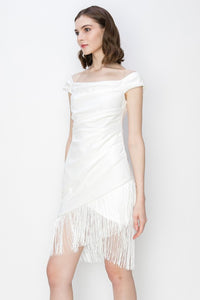 White Fringe Bateau Neck Stretch Mini Dress