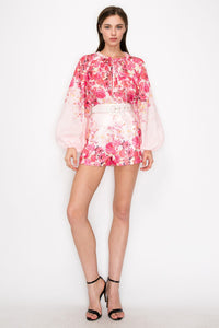 Pink Multi Floral Print Blouse and Belted Short Pants Set