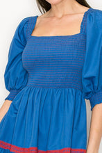 Blue/Wine Square Neck Smocked Embroidered Puff Sleeve Mini Dress