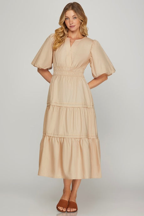 Taupe Solid V Neck Balloon Half Sleeve Midi Dress