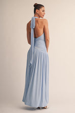 Blue Seraphina Ruched Mesh Halter Maxi Dress