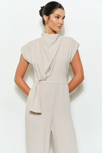 Cream High Neck Draped Waist Cap Sleeve Jumpsuit