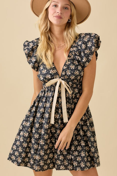 Black Deep V-neck Mini Dress With Bubble Sleeve And Hem