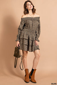 Olive Smocked Neckline Mini Dress With Tiered Layers