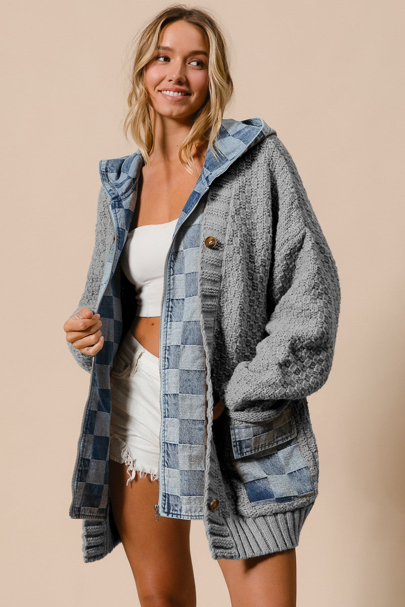 Grey/Denim Washed Checker Denim Zip Up Sweater Cardigan