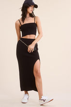 Black Solid Ribbed-Knit Tank And Midi Slit Skirt