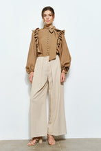 Mocha Soft Wool Blouse With Bow Tie & Pearl Buttons