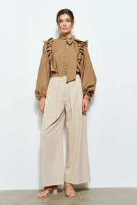 Mocha Soft Wool Blouse With Bow Tie & Pearl Buttons