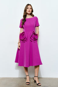 Grape Elegant Rose Applique A-line Midi Dress