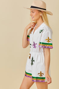 White Mardi Gras Sequin Trim Solid Romper