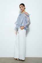 Dusty Blue Off-Shoulder Pearl Accent Organza Ruffle Blouse