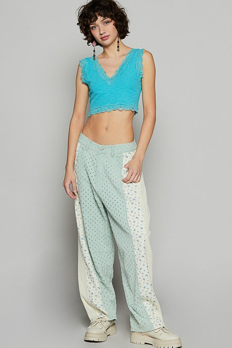 Pale Sage Textured Twill With Dart Detail Solid Pants