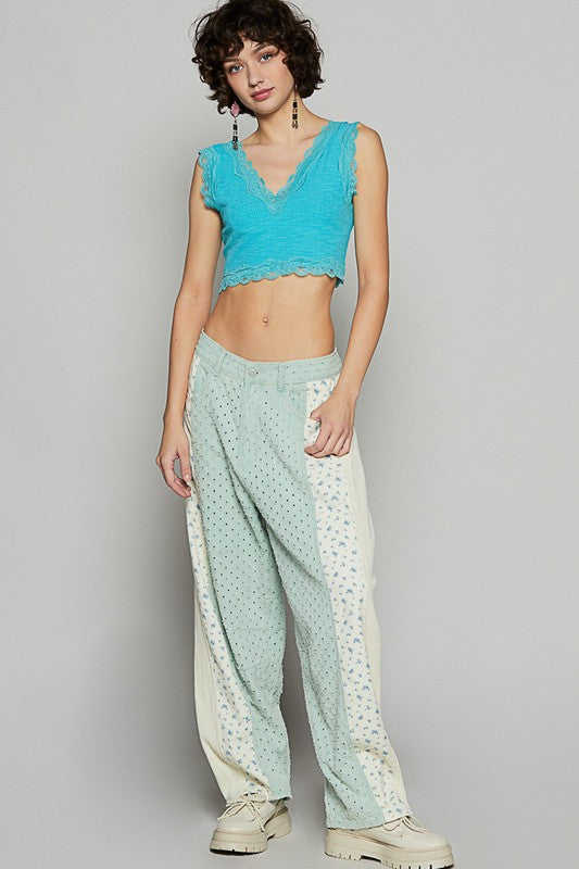 Pale Sage Textured Twill With Dart Detail Solid Pants