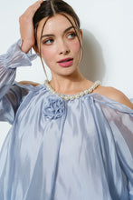 Dusty Blue Off-Shoulder Pearl Accent Organza Ruffle Blouse