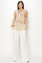 Champagne Shimmer Long Sleeve Neck Ribbon Button Down Top