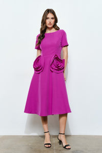Grape Elegant Rose Applique A-line Midi Dress