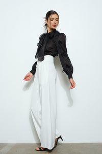 Black Sheer Embroidered Butterfly Bow Tie Blouse