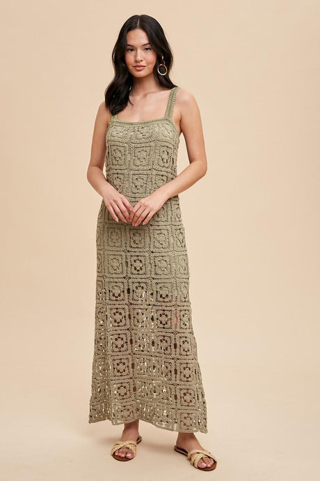 Dusty Olive Cotton Crochet Maxi Tank Dress