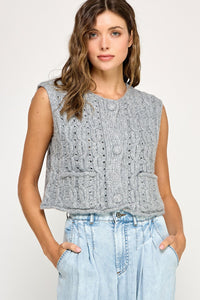 Heather Grey Cable Knit Button Front Sleeveless Vest