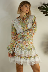 Orange Multi Lace Patch Shirts And Skirt Set