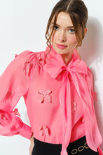 Fuchsia Sheer Embroidered Butterfly Bow Tie Blouse