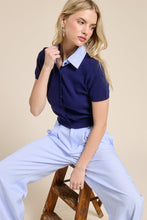 Navy Striped Collar Short Sleeve Knit Top