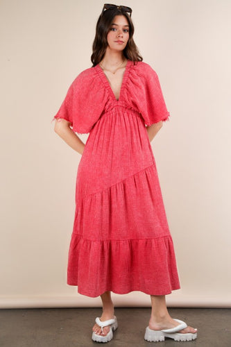 Tomato Mineral Washed Elastic Neck Detail Midi Dress