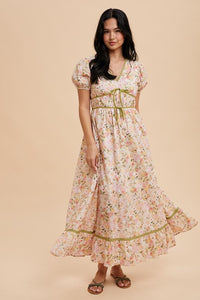 Pink Coral Multi Bow Detail Floral Contrast Puff Dress