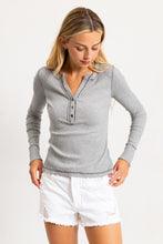 Heather Grey Acid Washed Half Placket Ribbed Knit Top