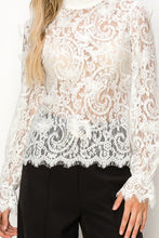 White Long Sleeve Mock Neck Butterfly Lace Blouse