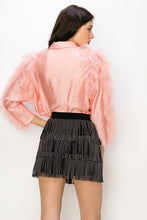 Peach Shimmer Long Sleeve Neck Ribbon Button Down Top